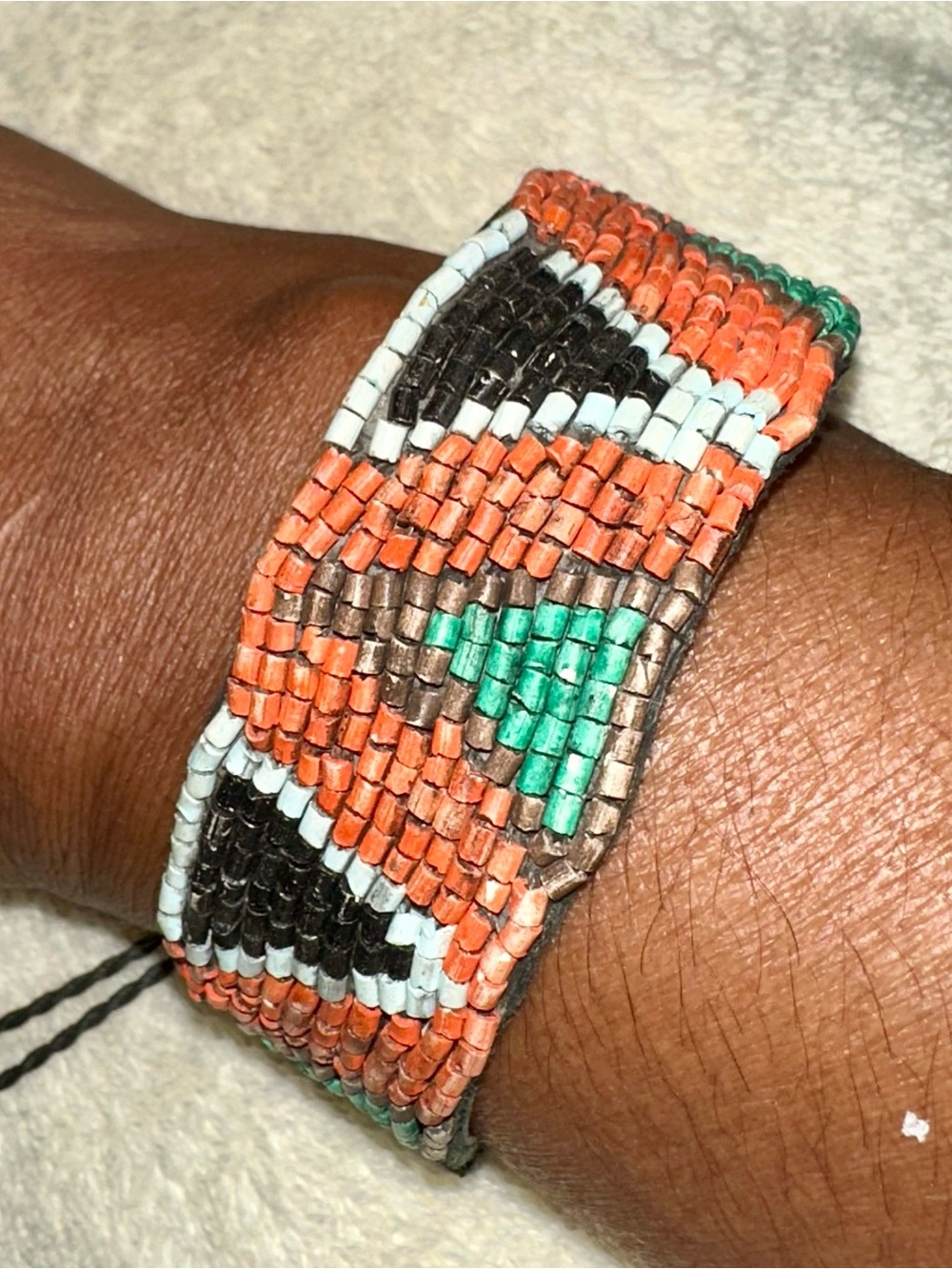 Vintage Beaded Leather Cuff Bracelet Guatemalan Boho Southwestern Aztec Y2K